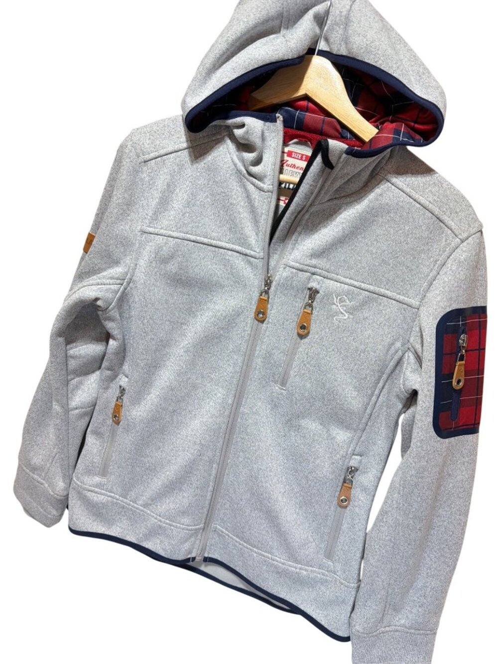 Authentic Kollektion Pilatus Hooded Jacket S Gray Softshell With Red Plaid Accen
